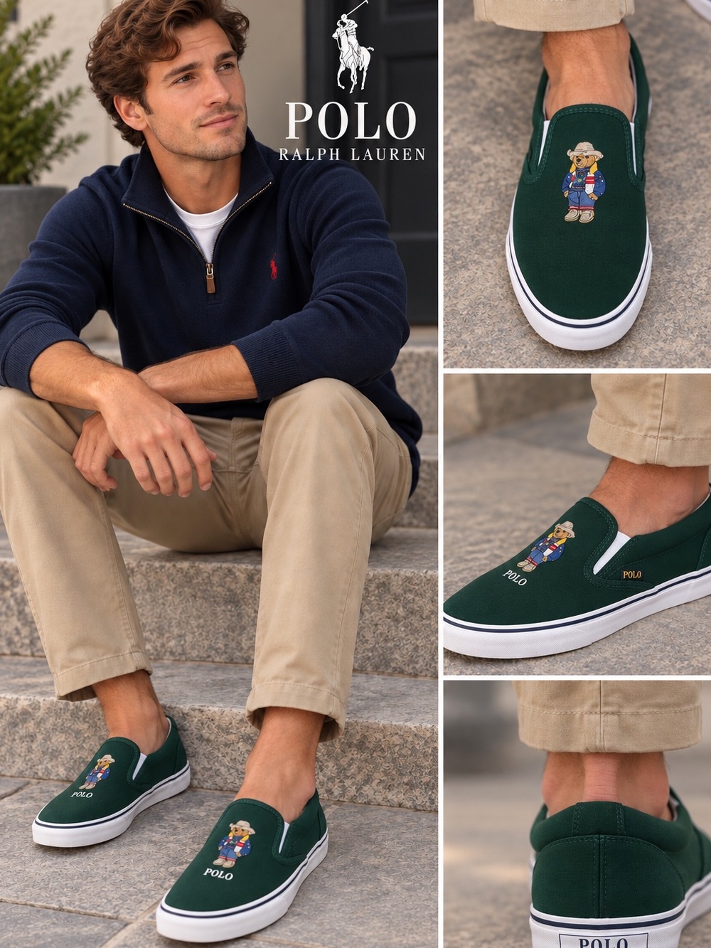 Polo by Ralph Lauren Men’s Forest Green Slip-On Sneakers with Embroidered Bear
